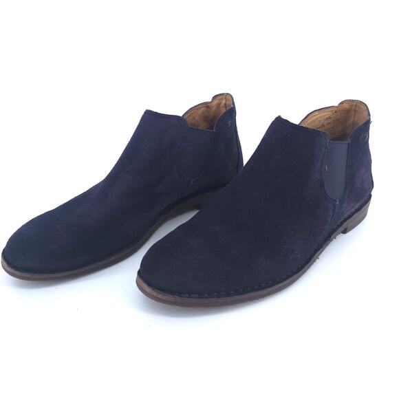 Trask Allison Italian Navy Blue Suede Chelsea Bootie Stacked Heel Vibram Sole 9 - Picture 5 of 13